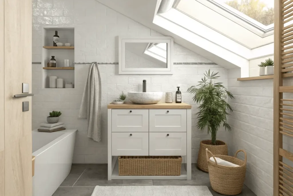 Bright Japandi-style bathroom with a freestanding bathtub, white vanity with a vessel sink, natural wood accents, indoor plants, and a skylight providing ample natural light.