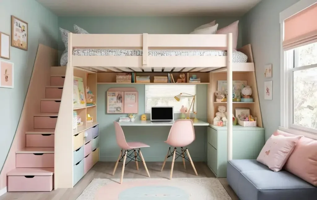 A functional and stylish kids' room with a loft bed and storage.