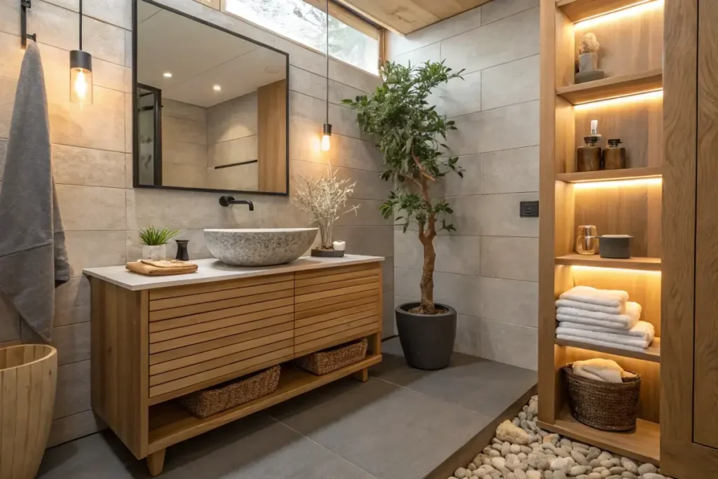 A cozy Japandi bathroom with a stone sink, wooden vanity, built-in shelves, soft lighting, and natural greenery