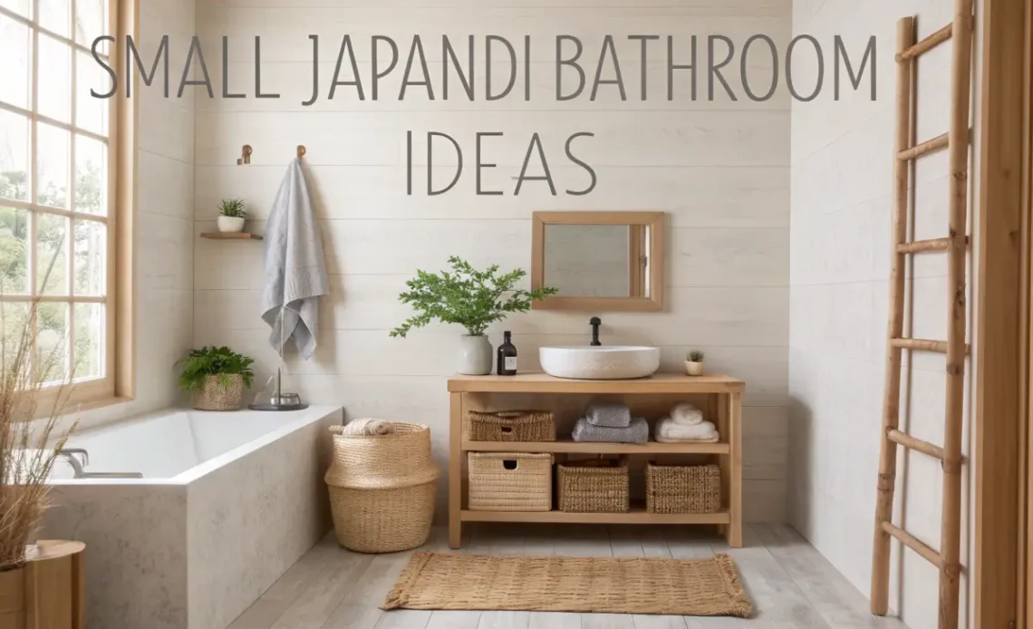 Minimalist small Japandi bathroom featuring a wooden vanity, natural accents, greenery, and a relaxing neutral color palette