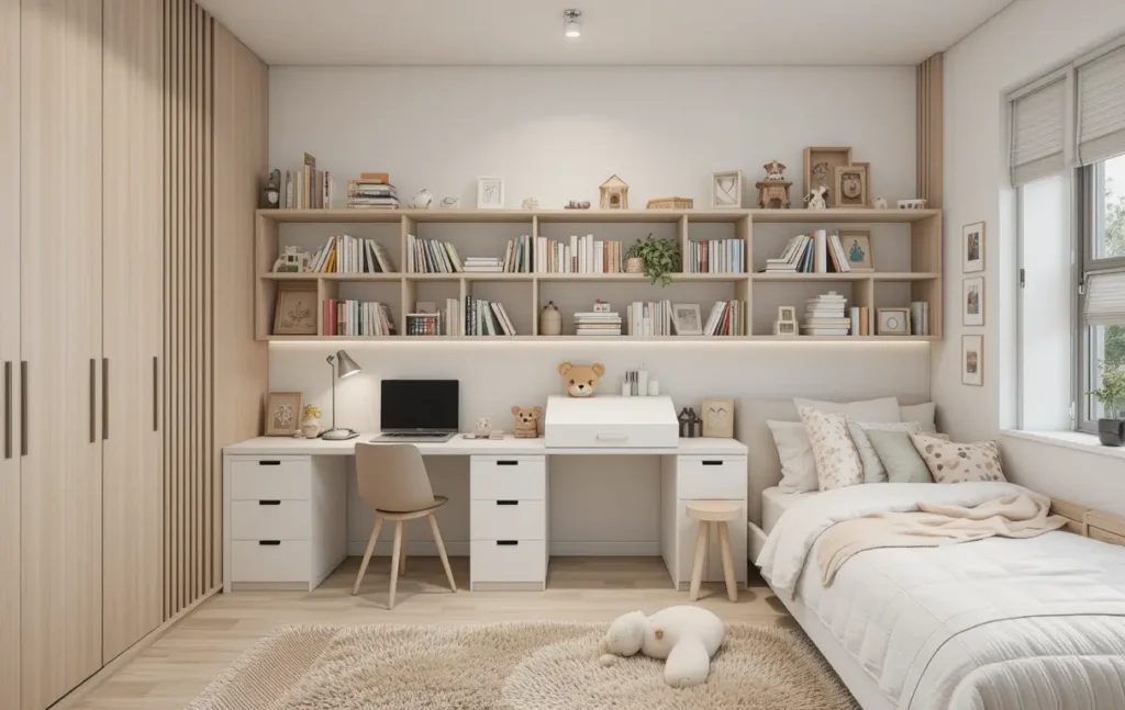 A cozy and organized kids' room with a desk, shelves, and a bed