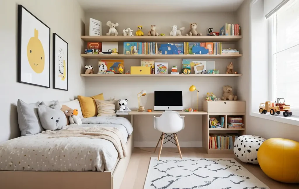 A small kids' room with a bed, desk, and shelves.