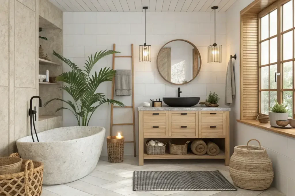 Japandi-style bathroom with a freestanding stone bathtub, wooden vanity, round mirror, indoor plant, and natural light from a large window.