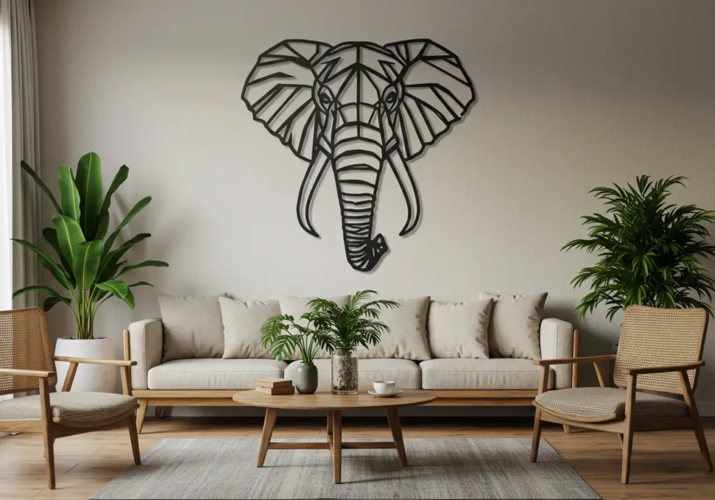 Living room with an elephant head metal decor wall 