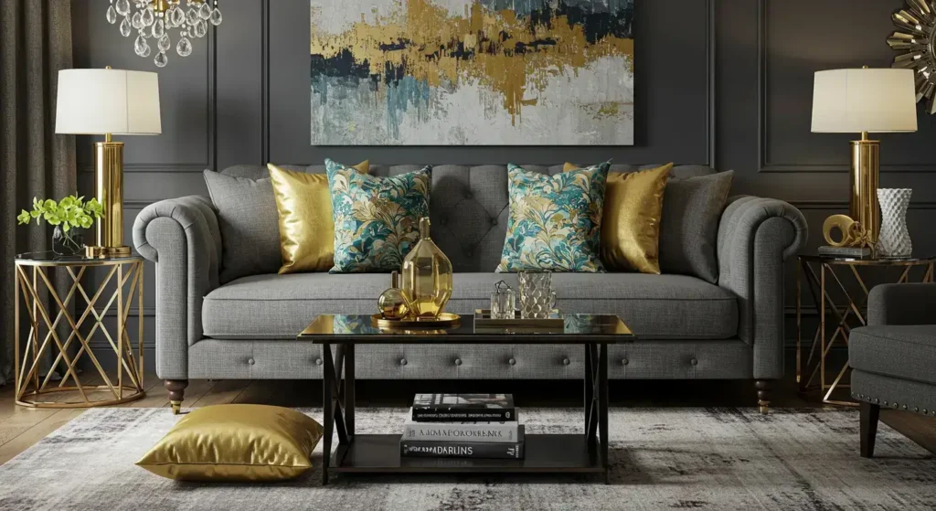 A luxurious living room featuring a gray tufted sofa adorned with gold and patterned teal decorative pillows, complemented by gold accents and an abstract gold and teal artwork on the wall.