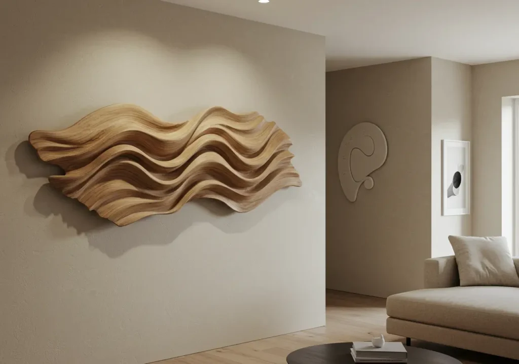 Wooden wall art decor with abstract shapes in a modern living room.