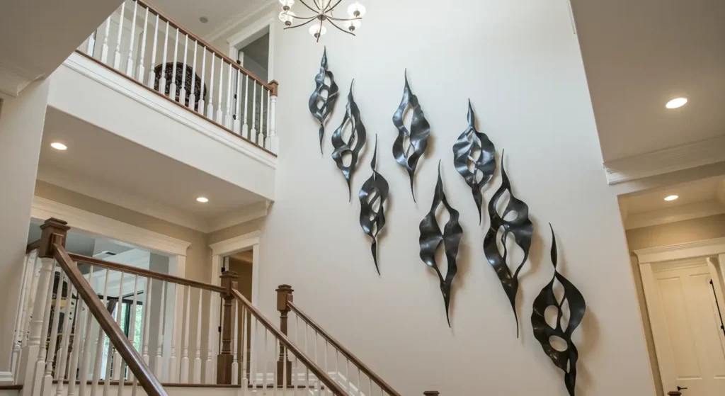 Grand staircase with cascading black metal wall decor and a modern chandelier