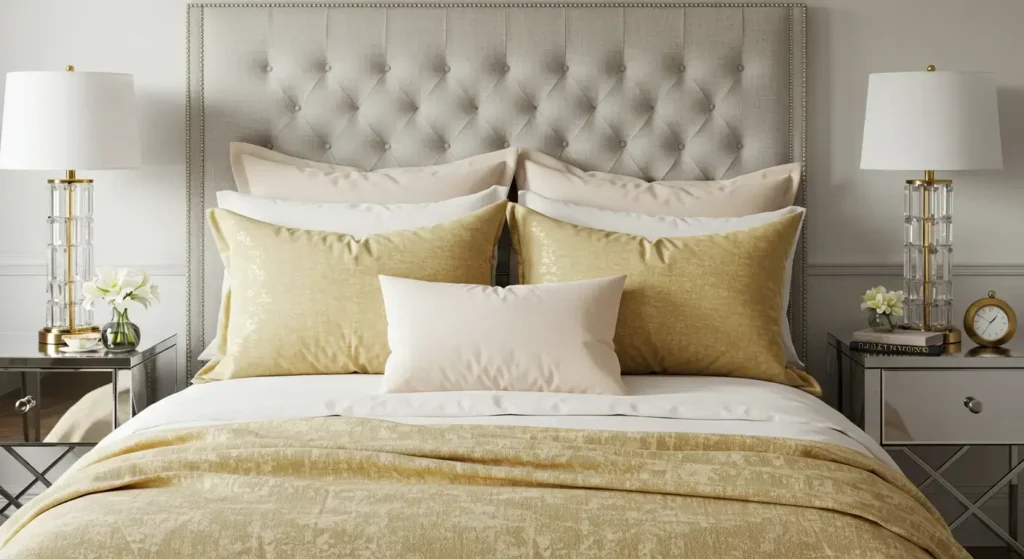 White bedding styled with gold decorative pillows arranged neatly along the headboard, creating a serene and elegant retreat.