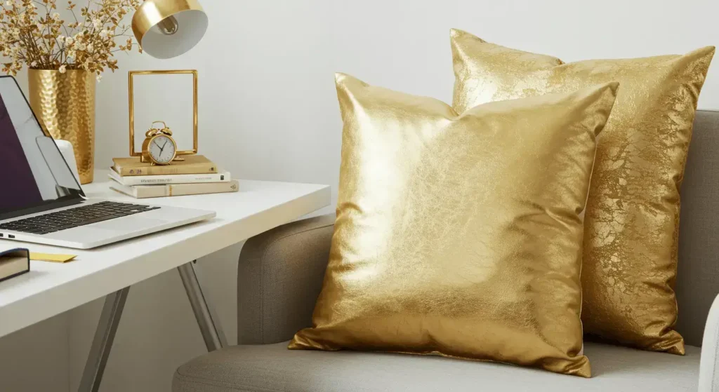 Gold decorative pillows placed on a neutral-toned chair next to a modern white desk with gold accessories and a laptop