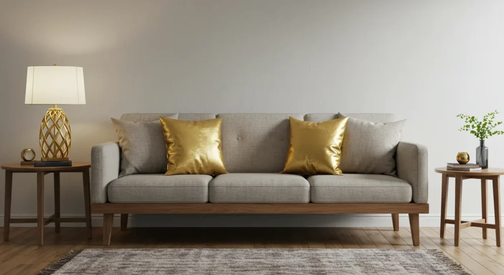 Minimalist living room with gold decorative pillows on a neutral-toned sofa, complemented by wooden furniture and linen accents.