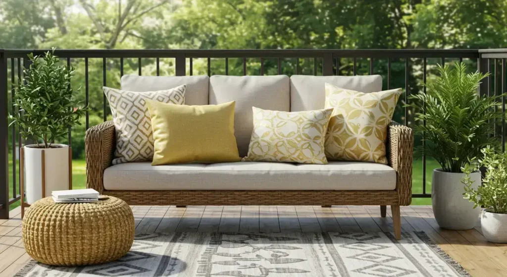 Outdoor wicker sofa with yellow and white patterned throw pillows on a wooden deck, surrounded by greenery and potted plants.