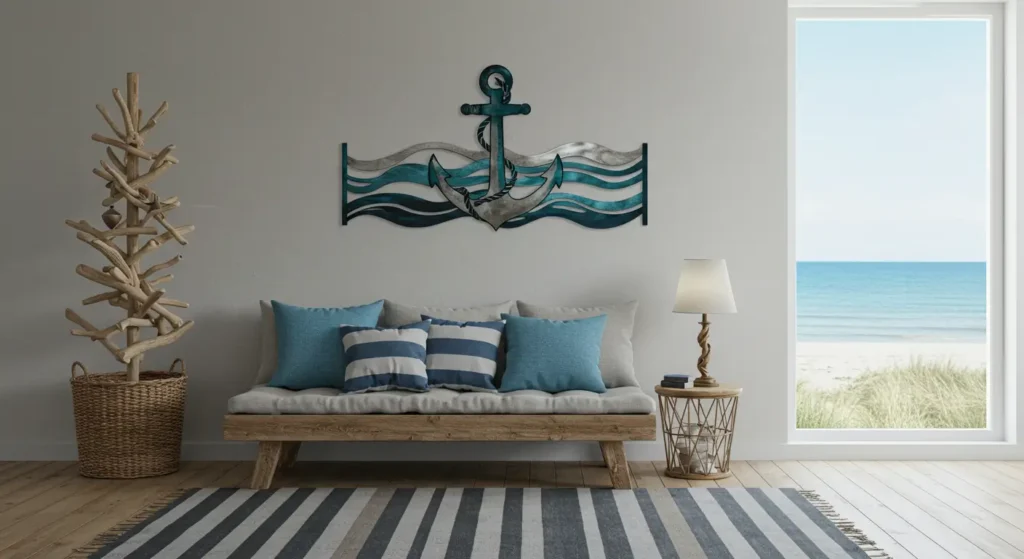 Coastal-themed room with nautical metal wall art and a sea view.