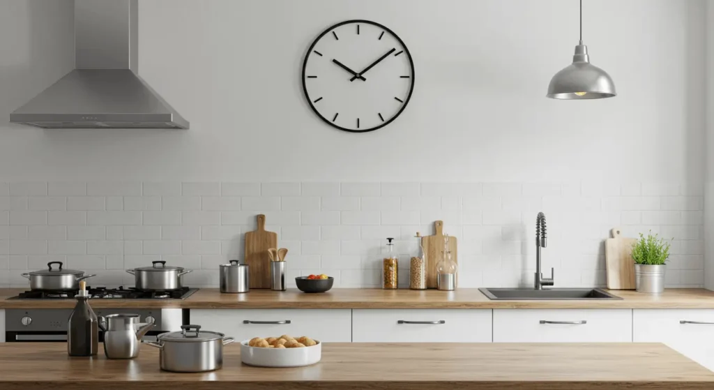 Modern kitchen with a matte black metal decor clock and white cabinetry