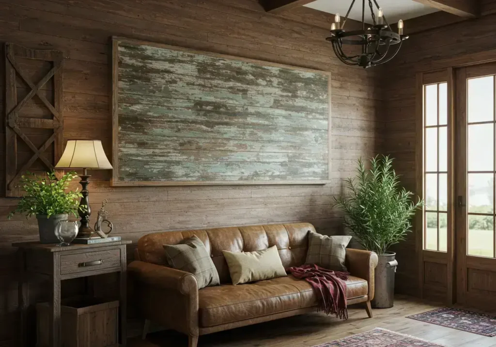 Rustic entryway with vintage wooden sign wall art on a wooden accent wall.