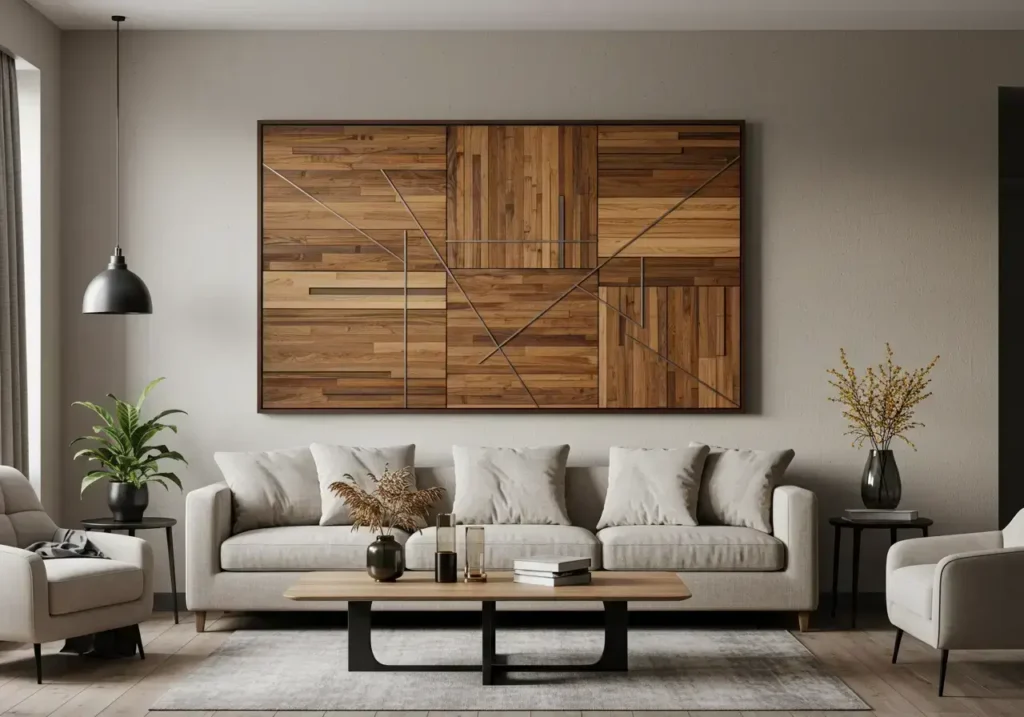 Modern living room with three wooden geometric art panels on a minimalist white wall.