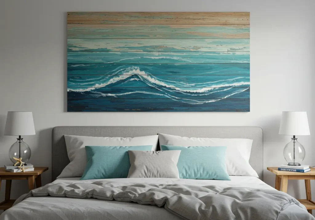 Ocean-themed wooden wall art decor in shades of blue above a bed in a serene coastal bedroom.