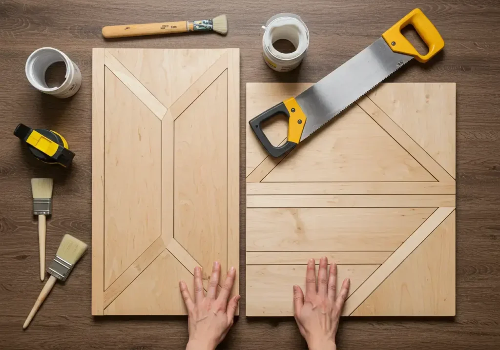 DIY wooden wall art decor setup with tools, wooden panels, and geometric designs.